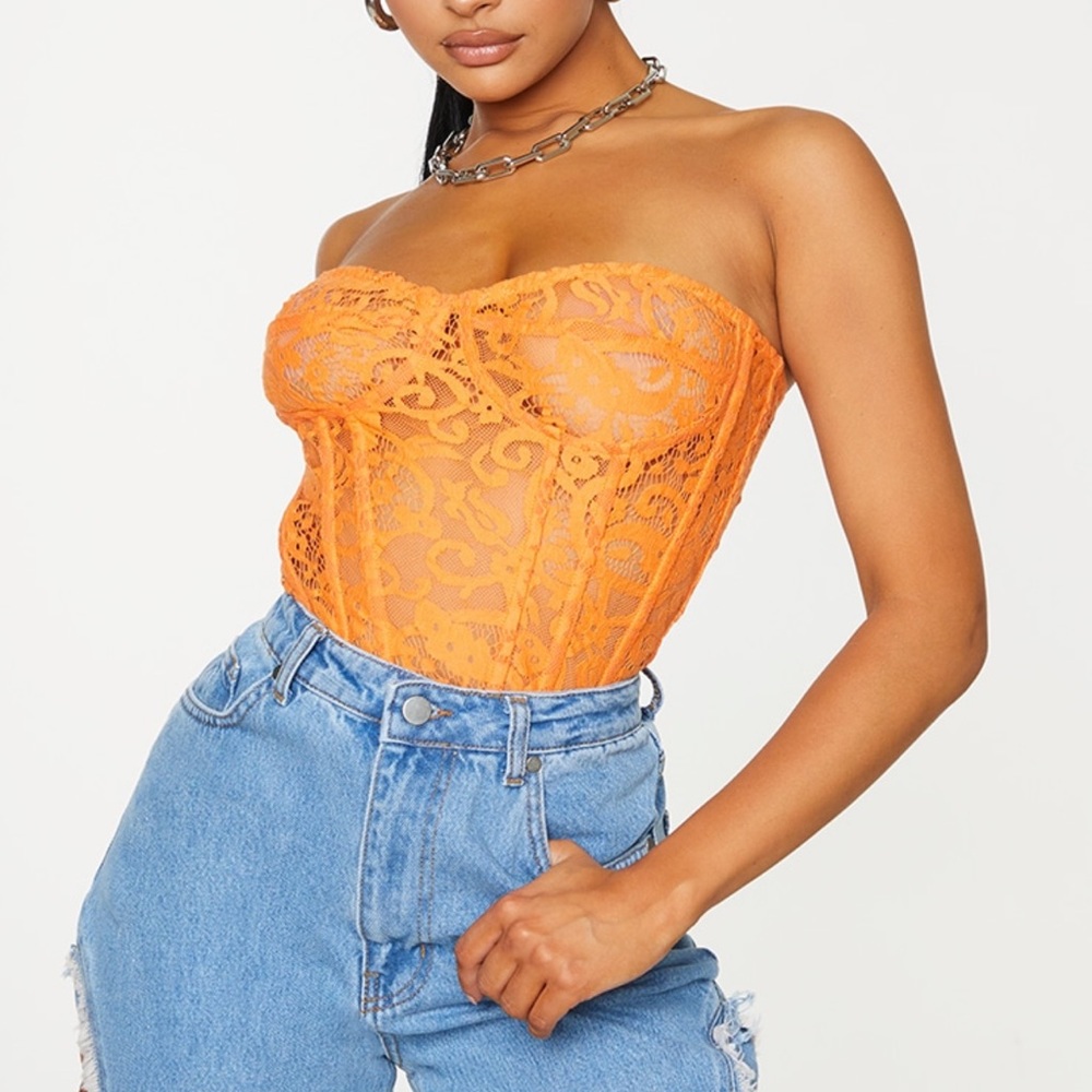 Hot Orange Sheer Lace Structured Corset Top